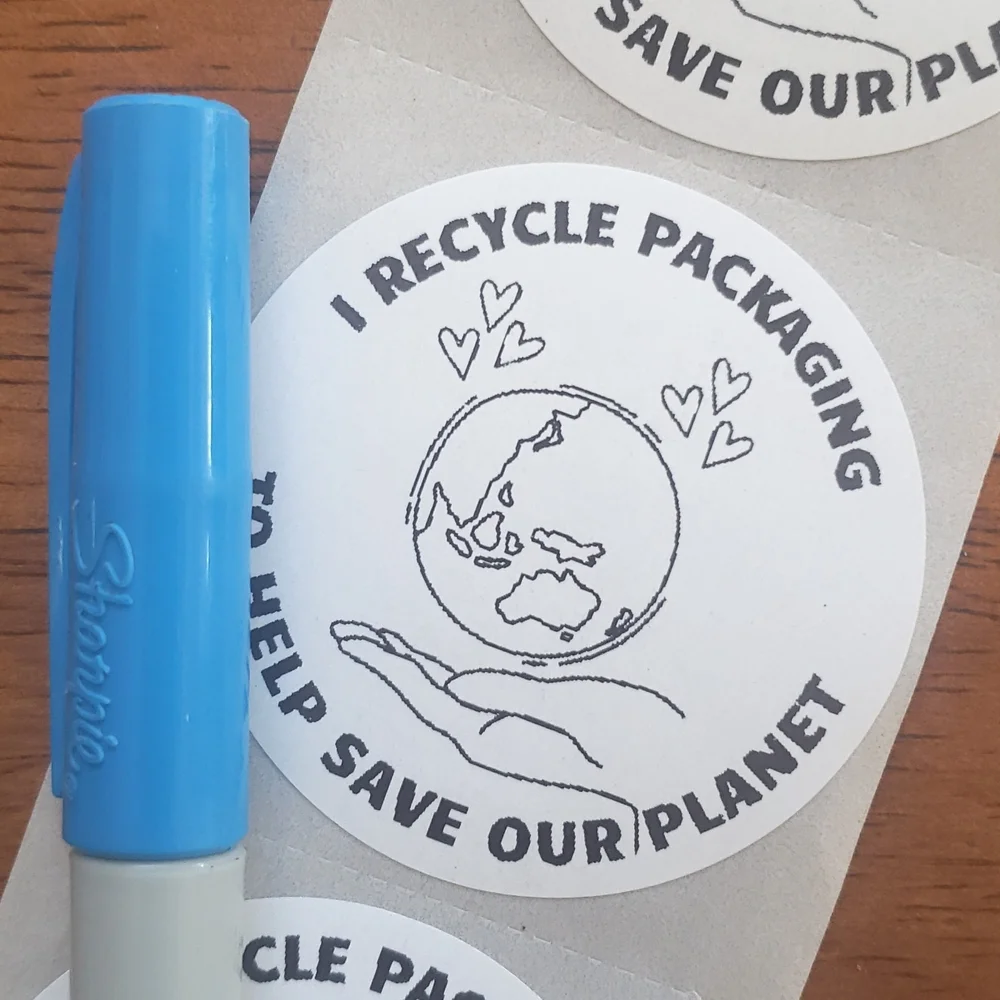3/$15 50 RECYCLE PACKAGING STICKERS LARGE ROUND TWO INCH BLUE GREEN WHITE